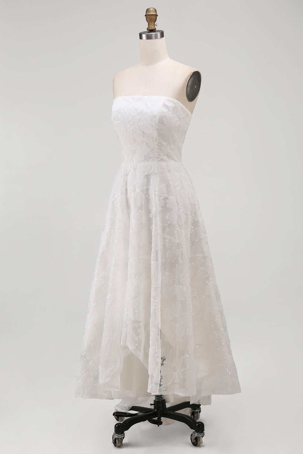 White A Line Strapless High-Low Floral Boho Wedding Dress