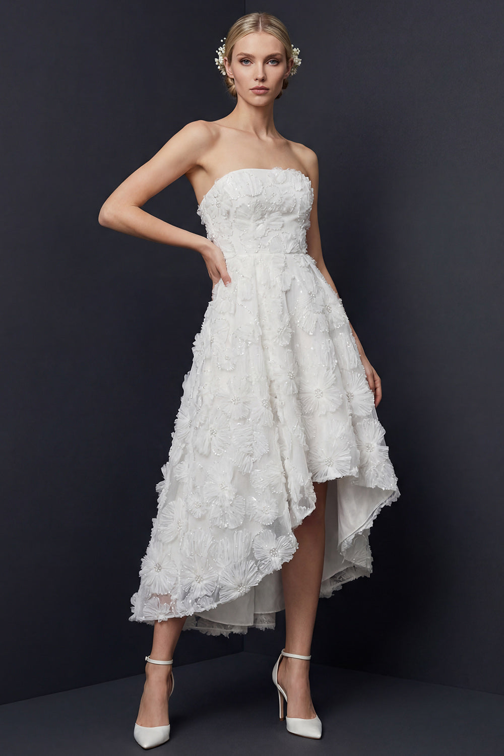 White A Line Strapless High-Low Floral Boho Wedding Dress