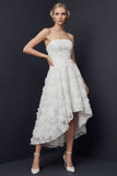 White A Line Strapless High-Low Floral Boho Wedding Dress