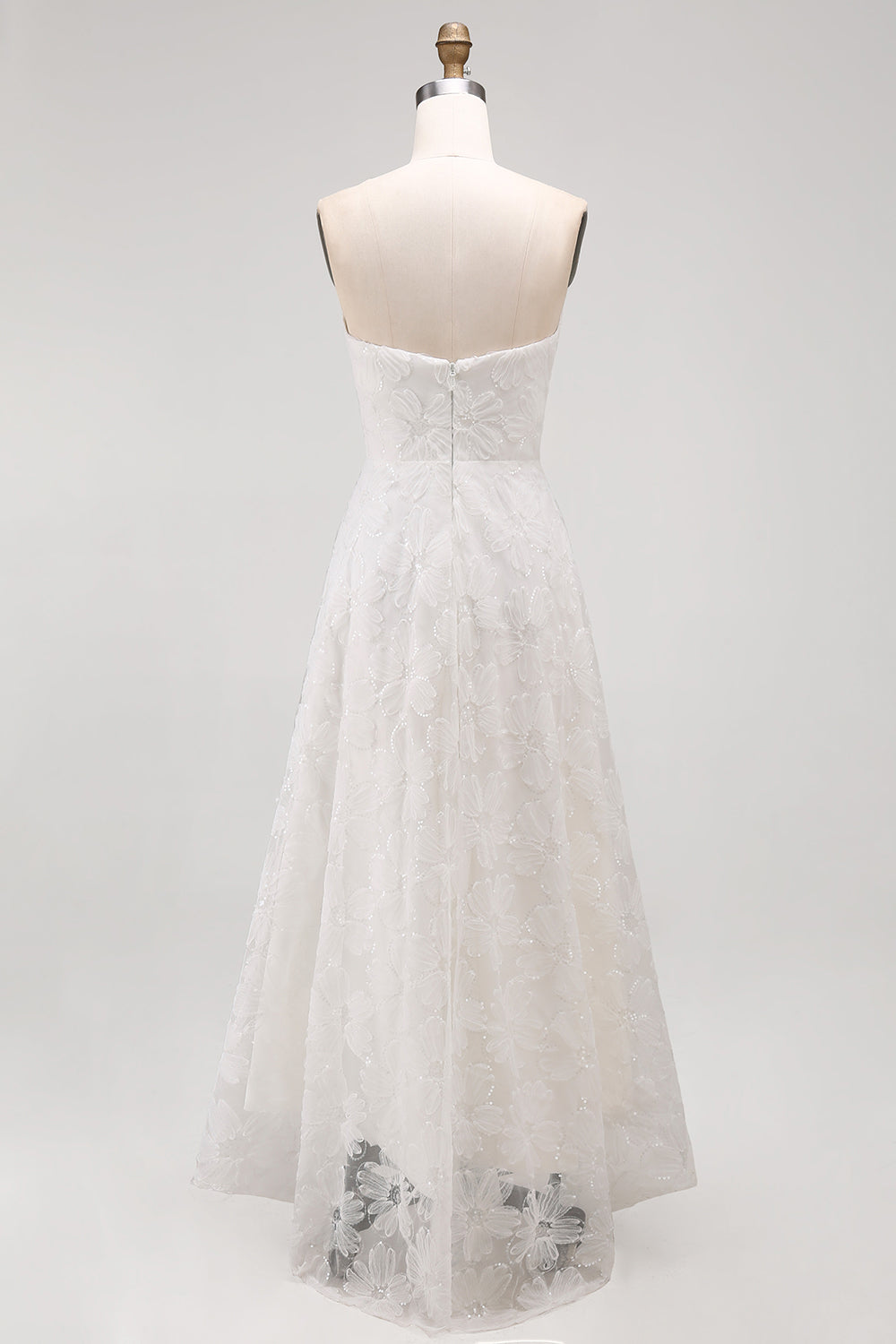 White A Line Strapless High-Low Floral Boho Wedding Dress