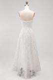 White A Line Strapless High-Low Floral Boho Wedding Dress
