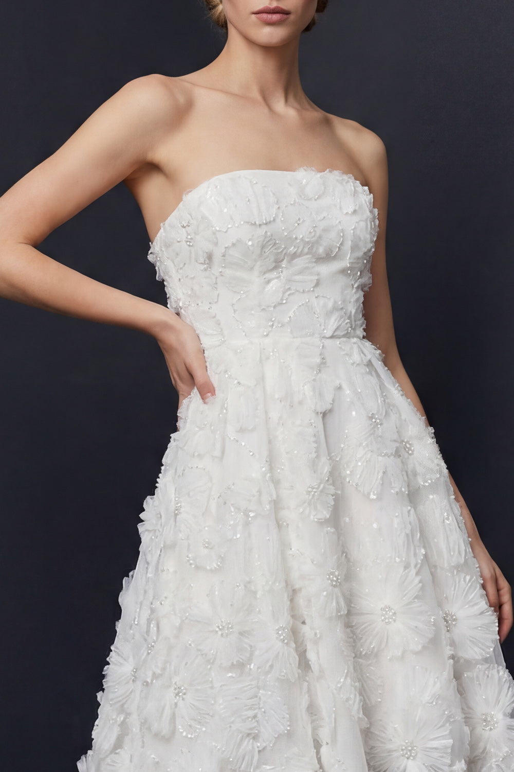 White A Line Strapless High-Low Floral Boho Wedding Dress