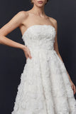 White A Line Strapless High-Low Floral Boho Wedding Dress