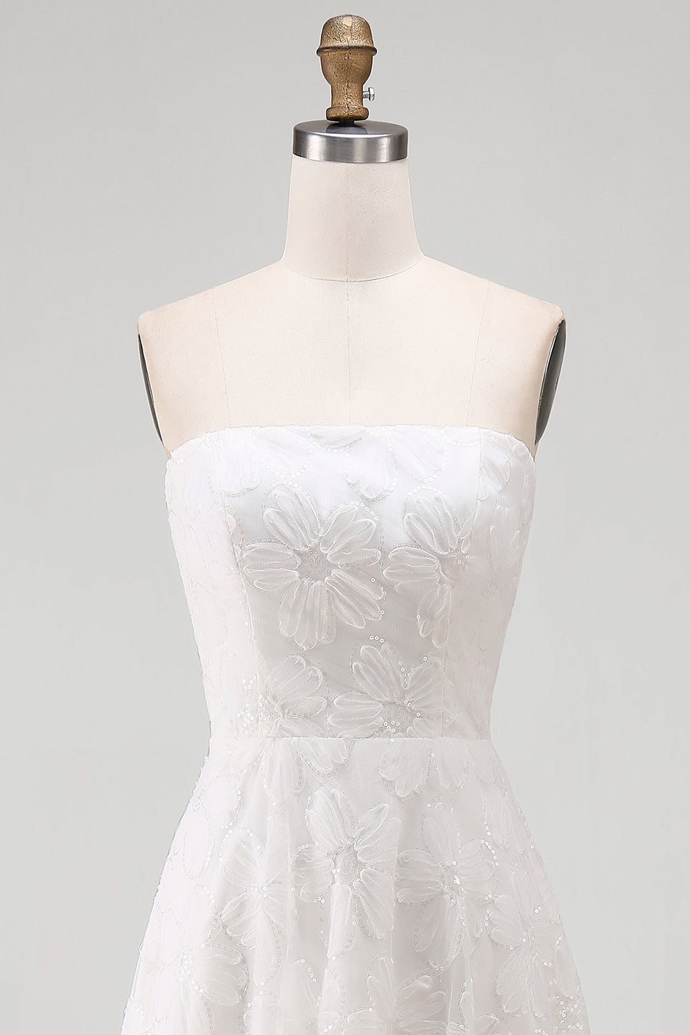White A Line Strapless High-Low Floral Boho Wedding Dress