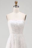 White A Line Strapless High-Low Floral Boho Wedding Dress