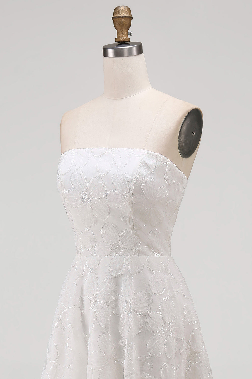 White A Line Strapless High-Low Floral Boho Wedding Dress