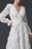 Sparkly White Beaded Ruffled Maxi Floral Boho Wedding Dress with Sleeves