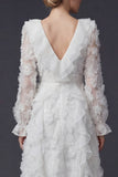 Sparkly White Beaded Ruffled Maxi Floral Boho Wedding Dress with Sleeves