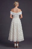 White A Line Off the Shoulder Maxi Boho Wedding Dress with 3D Flowers