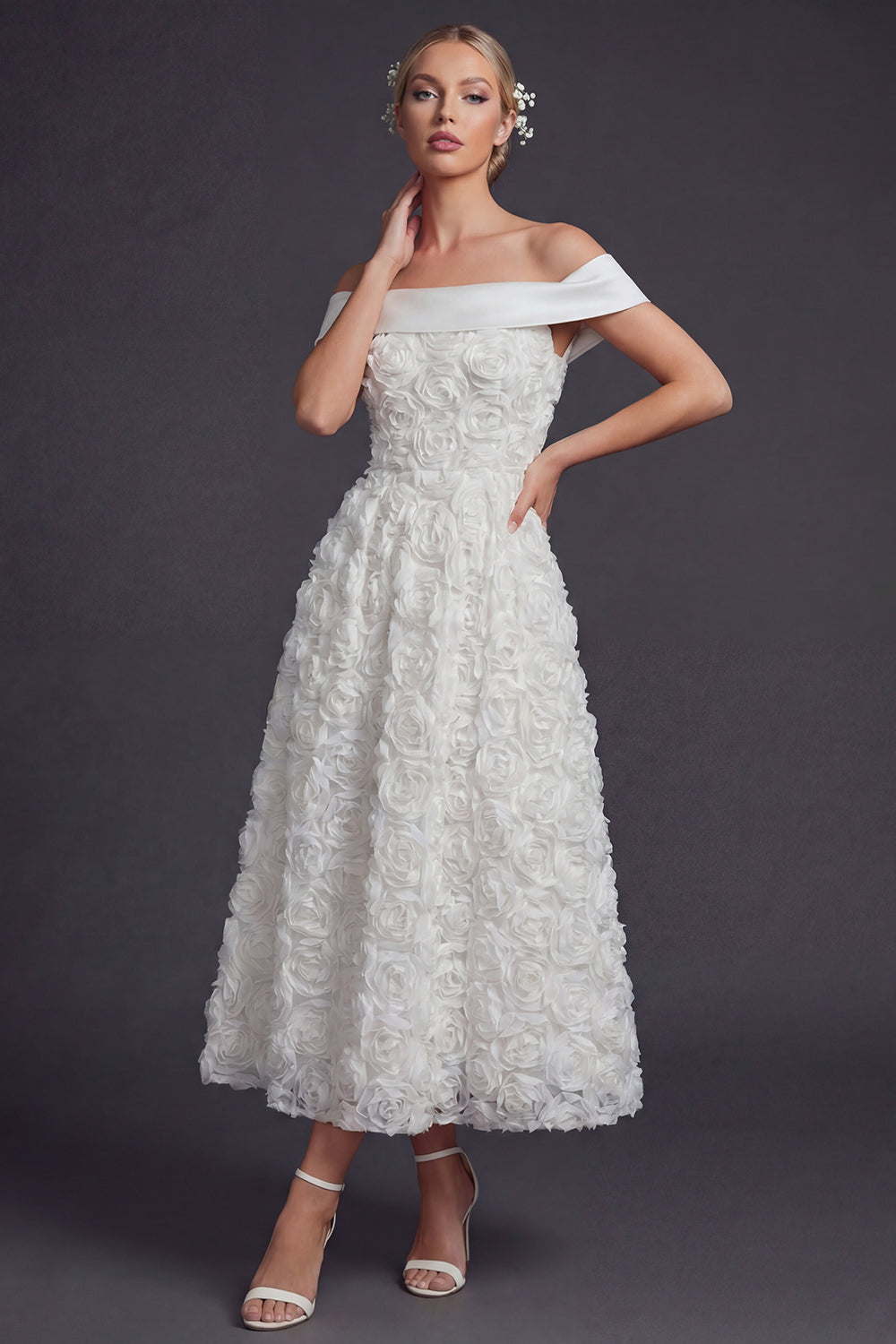 White Off the Shouler Maxi A Line Boho Wedding Dress with 3D Flowers