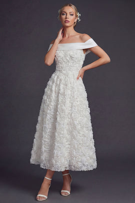 White Off the Shouler Maxi A Line Boho Wedding Dress with 3D Flowers