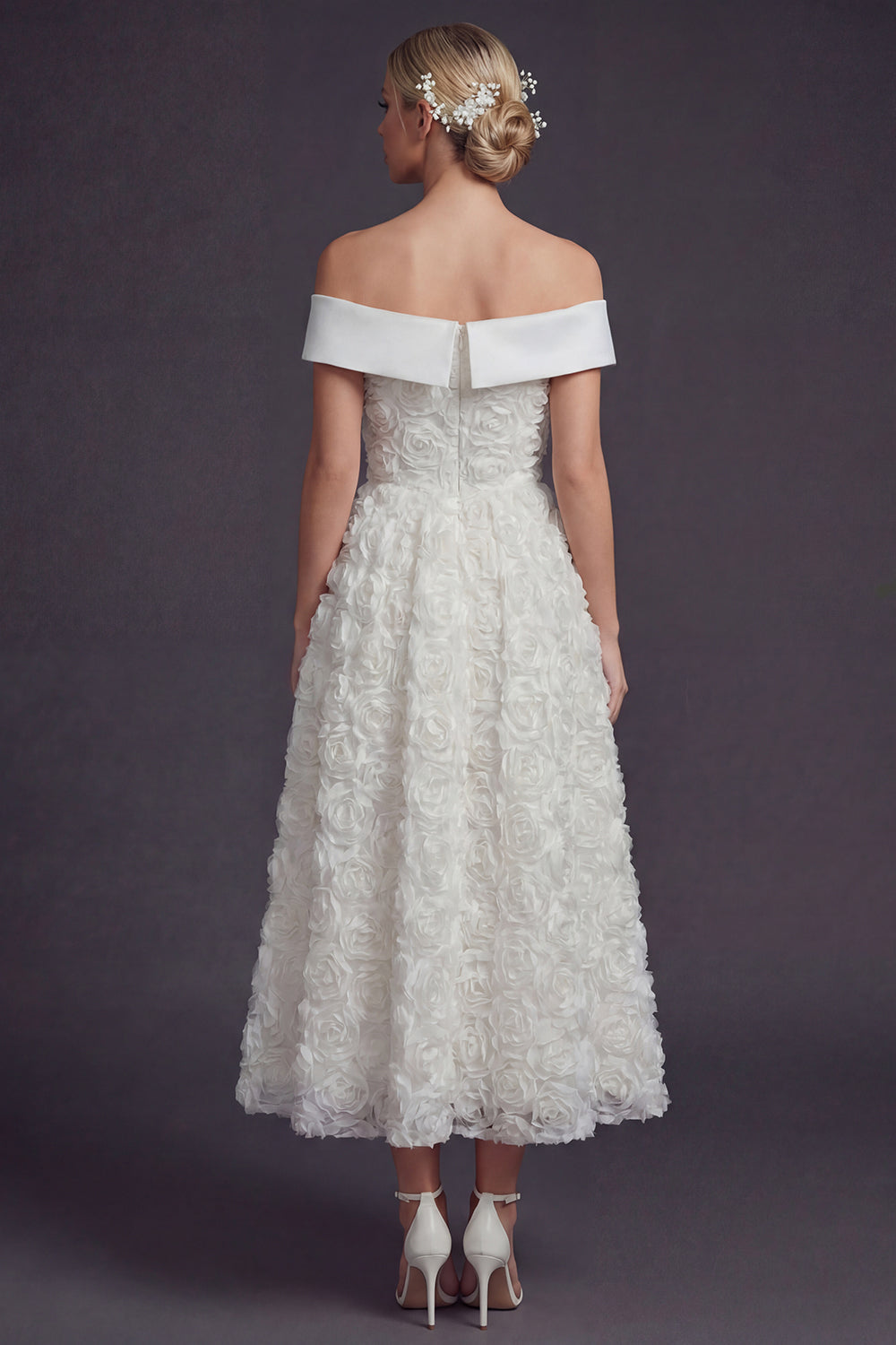 White Off the Shouler Maxi A Line Boho Wedding Dress with 3D Flowers