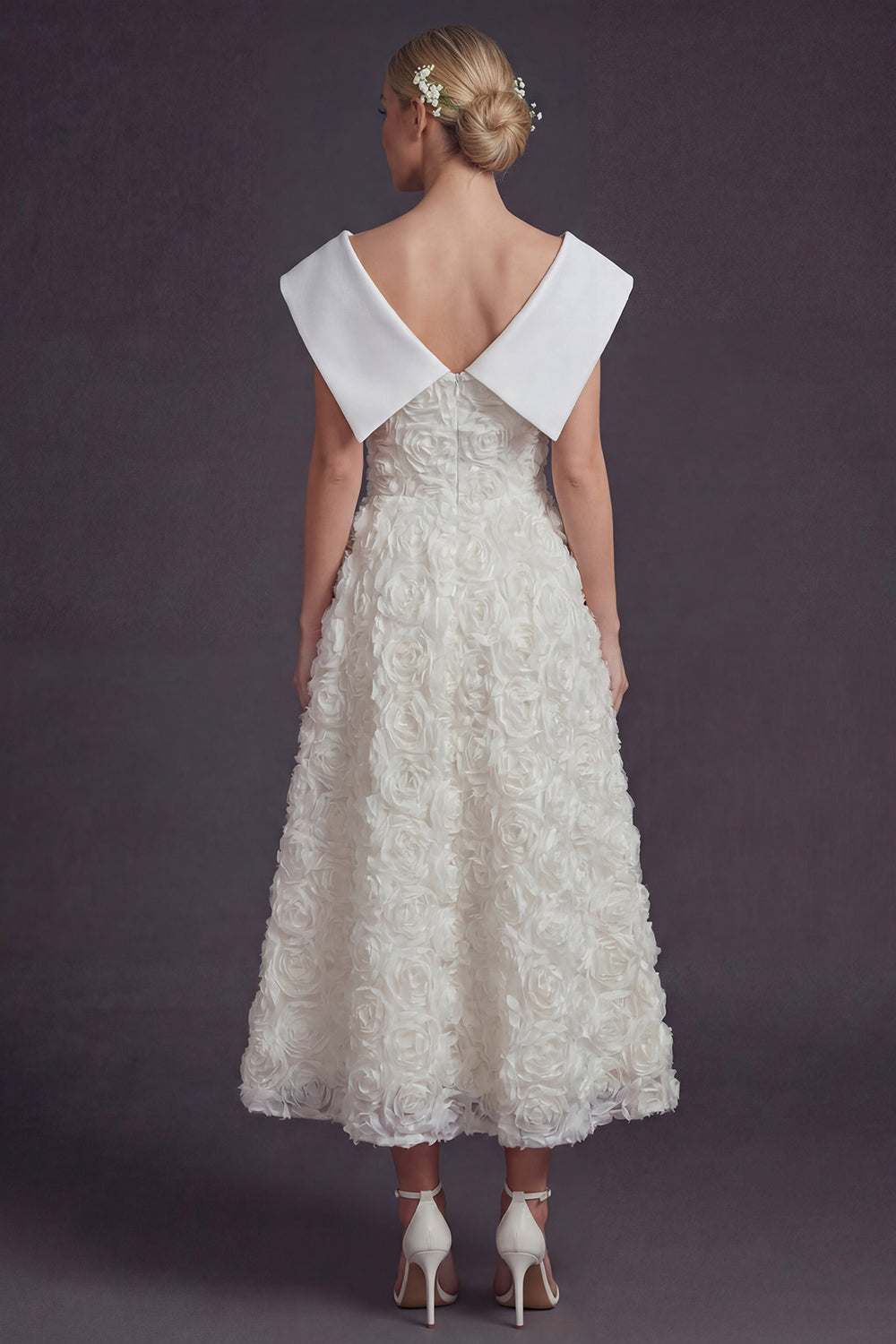 White V-Neck Maxi A Line Boho Wedding Dress with 3D Flowers