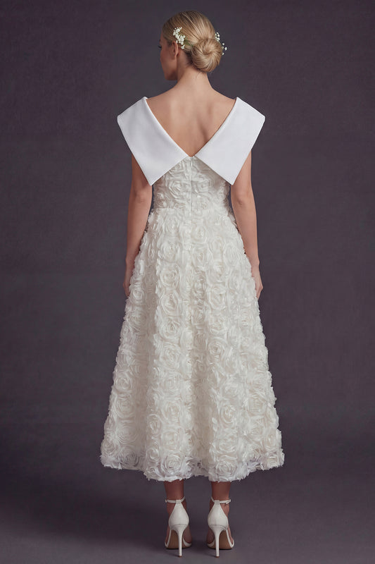 White V-Neck Maxi A Line Boho Wedding Dress with 3D Flowers