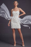 White Bodycon Short Floral Spaghetti Straps Boho Wedding Dress with Cape