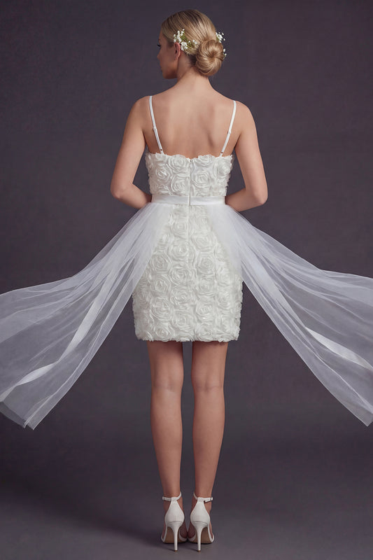 White Bodycon Short Floral Spaghetti Straps Boho Wedding Dress with Cape