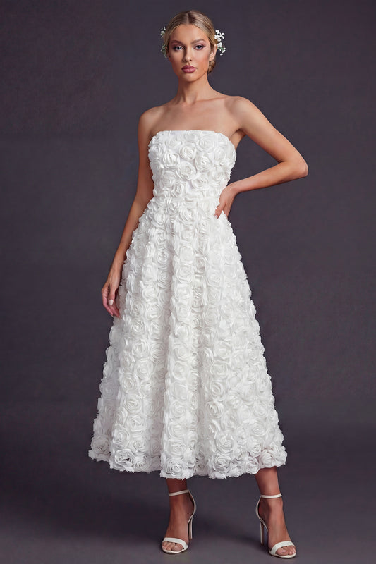 White Strapless Maxi A Line Boho Wedding Dress with 3D Flowers