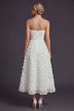 White Strapless Maxi A Line Boho Wedding Dress with 3D Flowers