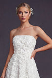 White Strapless Maxi A Line Boho Wedding Dress with 3D Flowers