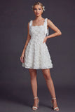 White A Line Square Neck Floral Short Boho Wedding Dress with Bow