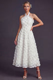 White Halter Maxi A Line Ruffled Boho Wedding Dress with 3D Flowers