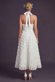 White Halter Maxi A Line Ruffled Boho Wedding Dress with 3D Flowers