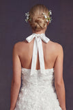 White Halter Maxi A Line Ruffled Boho Wedding Dress with 3D Flowers