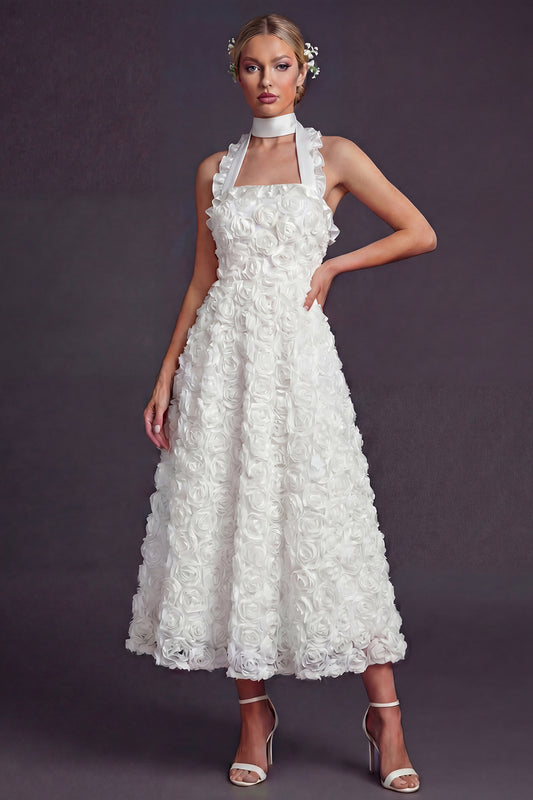 White A Line Halter Maxi Ruffled Boho Wedding Dress with 3D Flowers