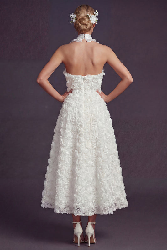 White A Line Halter Maxi Ruffled Boho Wedding Dress with 3D Flowers