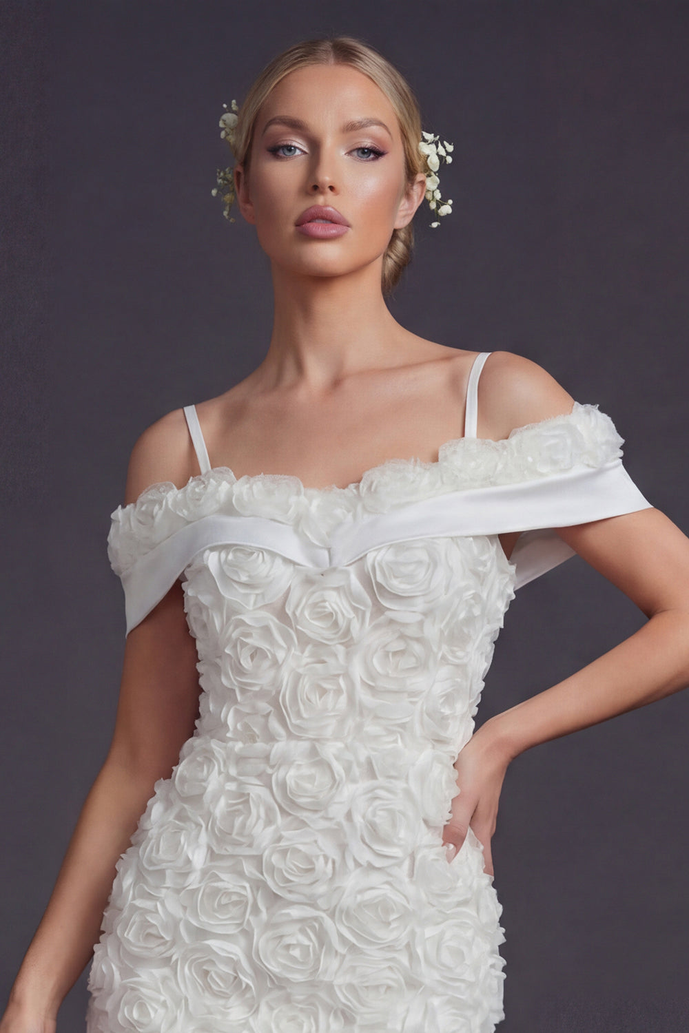 White Cold Shoulder Short Boho Wedding Dress with 3D Flowers