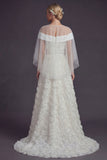 White Sweep Train A Line Floral Boho Wedding Dress with Cape