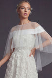 White Sweep Train A Line Floral Boho Wedding Dress with Cape