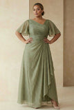 A Line Dusty Sage Long Mother of the Bride Dress with Sleeves