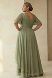 A Line Dusty Sage Long Mother of the Bride Dress with Sleeves