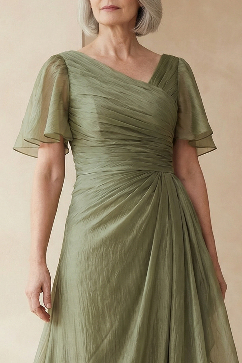 A Line Dusty Sage Long Mother of the Bride Dress with Sleeves