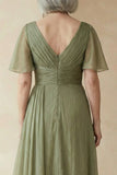 A Line Dusty Sage Long Mother of the Bride Dress with Sleeves