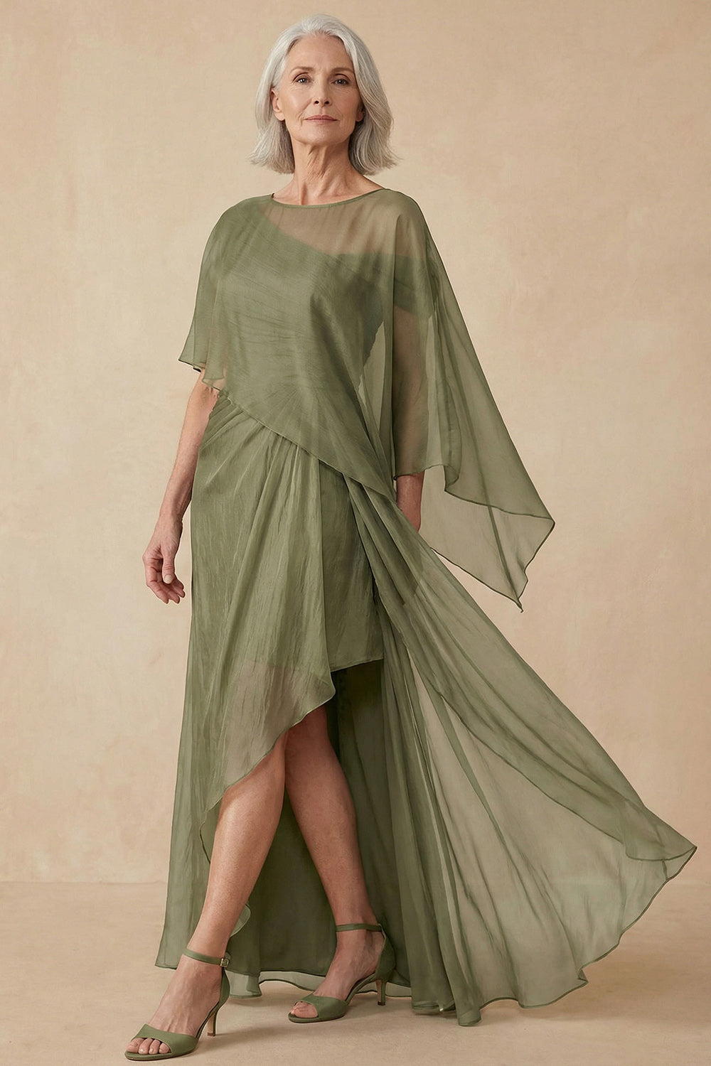 Plus Size Dusty Sage Long Flowy Mother of the Bride Dress with Slit A Line Round Neck Wedding Guest Dress with Cape