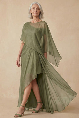 Plus Size Dusty Sage Long Flowy Mother of the Bride Dress with Slit A Line Round Neck Wedding Guest Dress with Cape