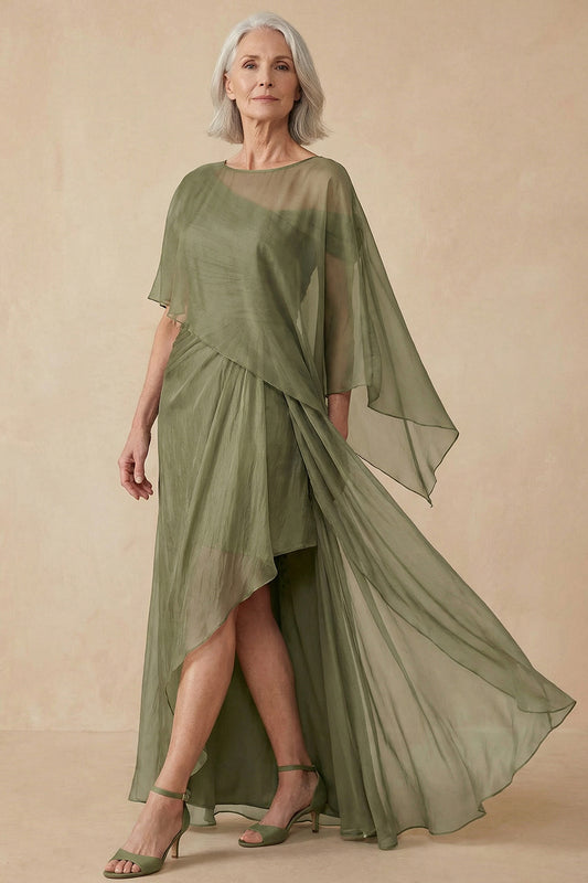 Dusty Sage A Line Flowy Long Mother of the Bride Dress with Cape