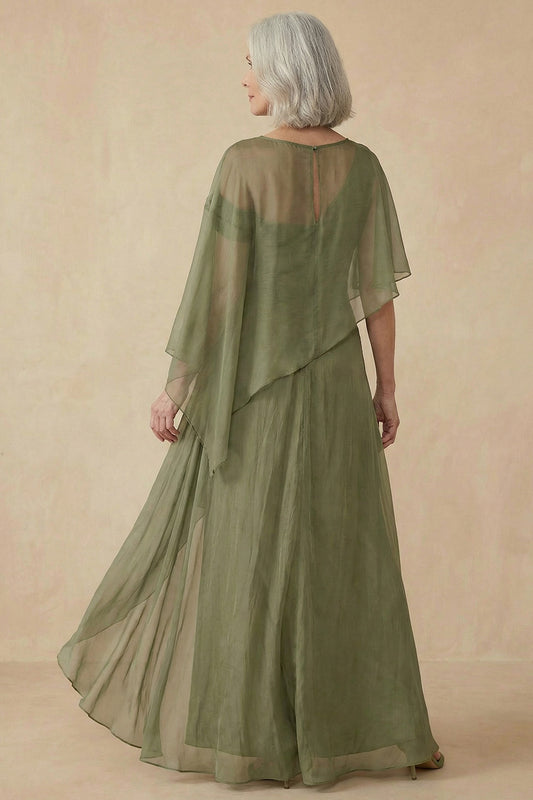 Dusty Sage A Line Flowy Long Mother of the Bride Dress with Cape