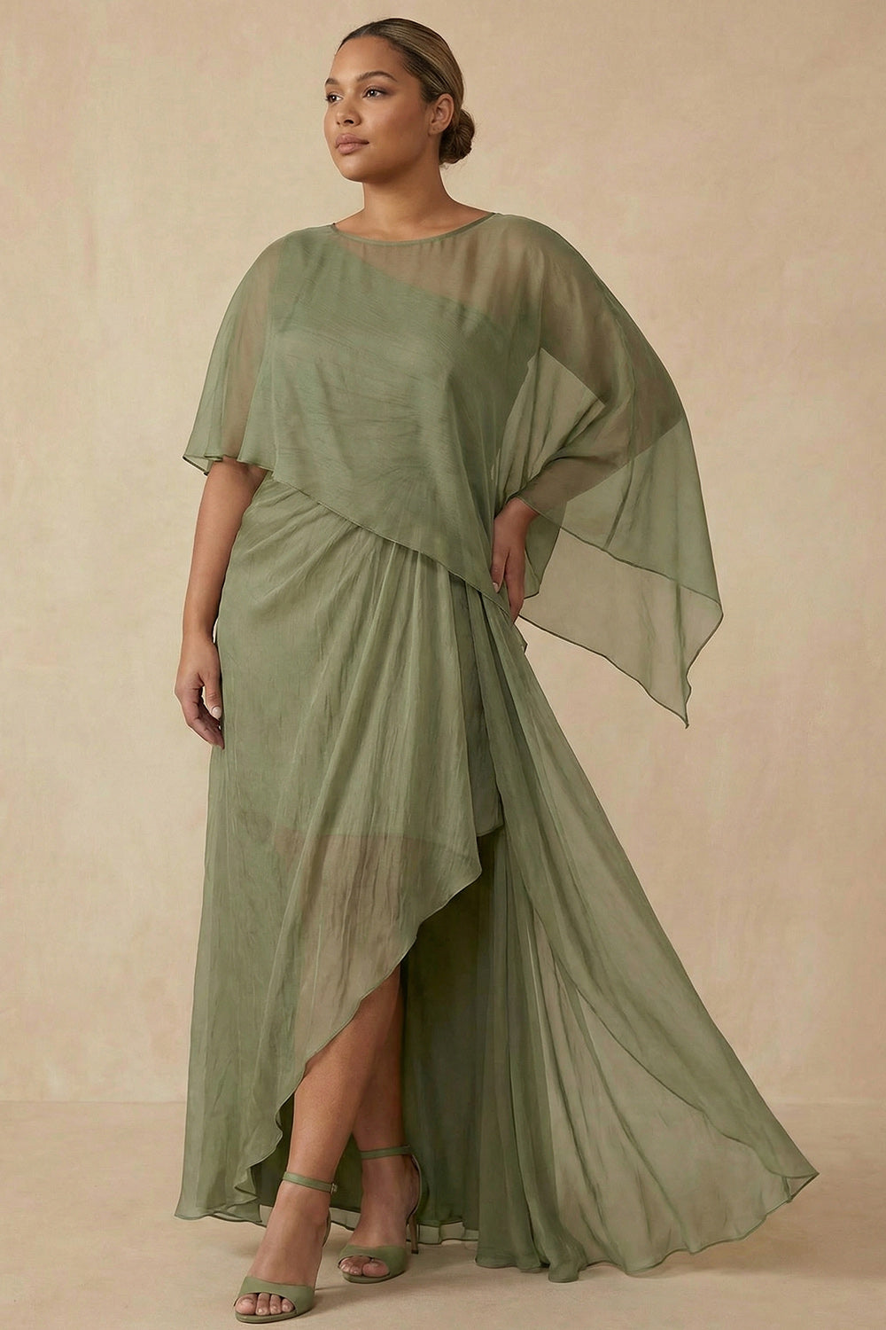 Dusty Sage A Line Flowy Long Mother of the Bride Dress with Cape