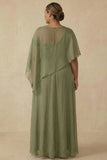 Dusty Sage A Line Flowy Long Mother of the Bride Dress with Cape