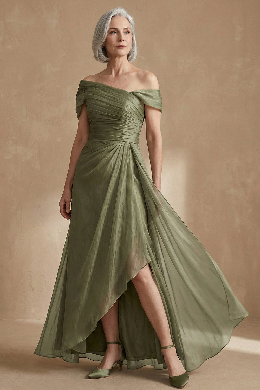 Dusty Sage A Line Flowy Long Mother of the Bride Dress with Cape