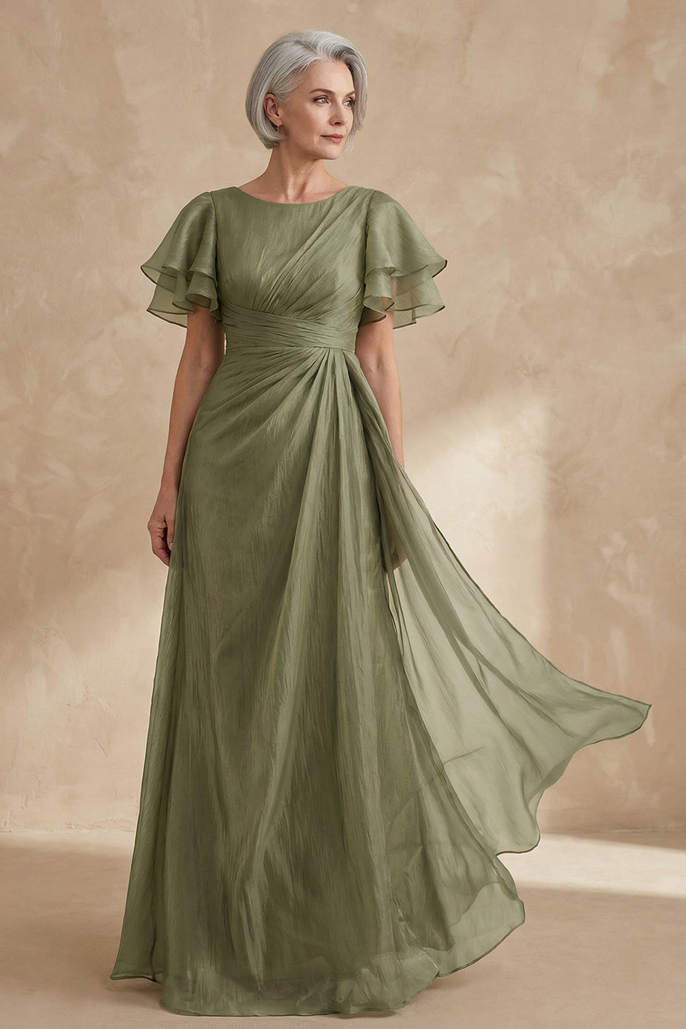 A Line Long Dusty Sage Boat Neck Mother of the Bride Dress with Ruffles
