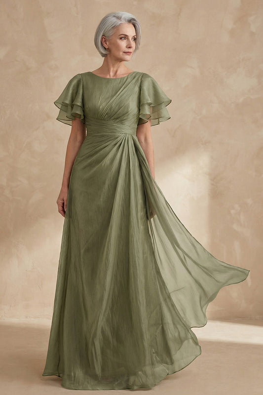 A Line Long Dusty Sage Boat Neck Mother of the Bride Dress with Ruffles