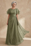 A Line Long Dusty Sage Boat Neck Mother of the Bride Dress with Ruffles