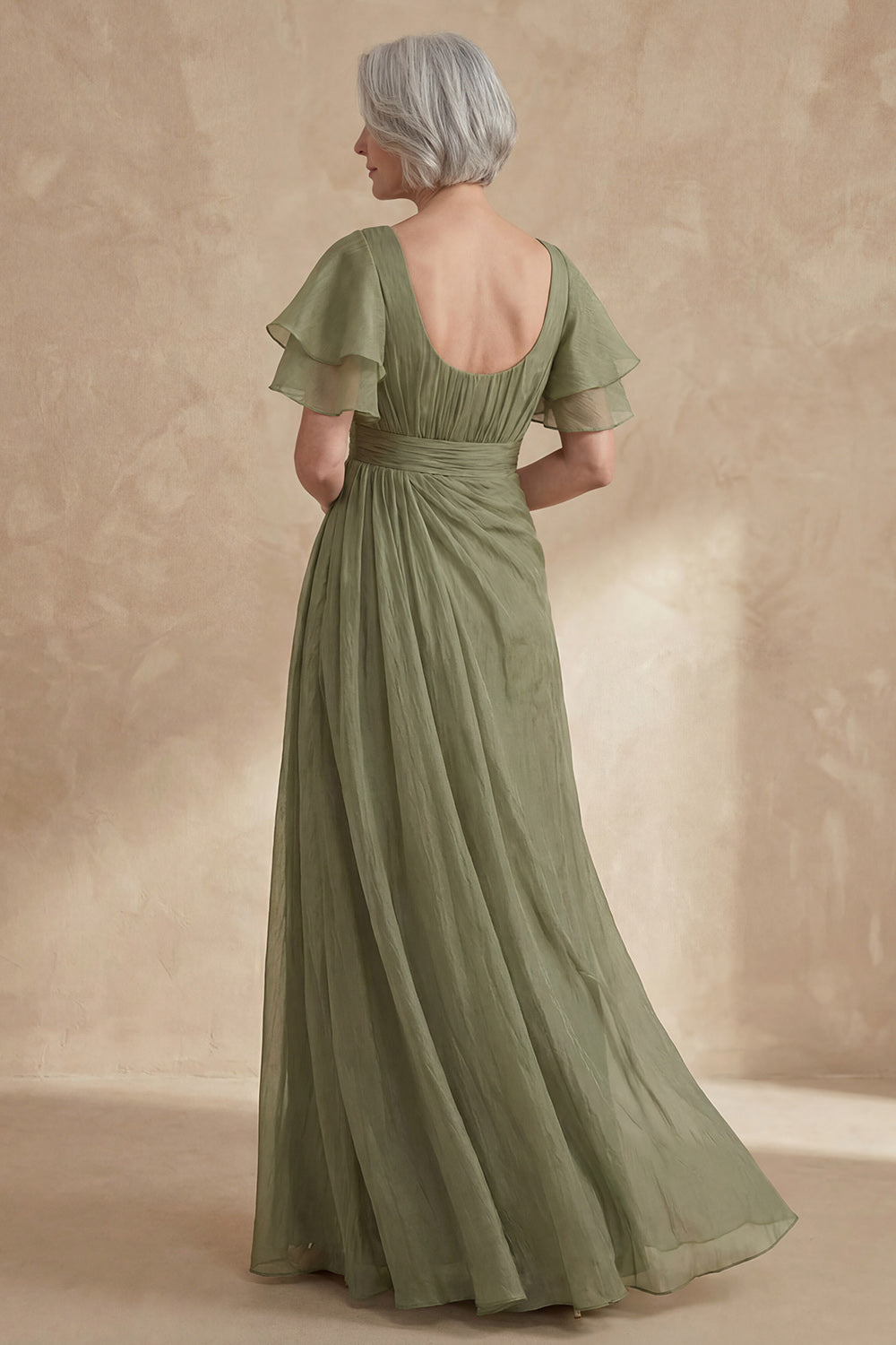 A Line Long Dusty Sage Boat Neck Mother of the Bride Dress with Ruffles