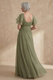 A Line Long Dusty Sage Boat Neck Mother of the Bride Dress with Ruffles