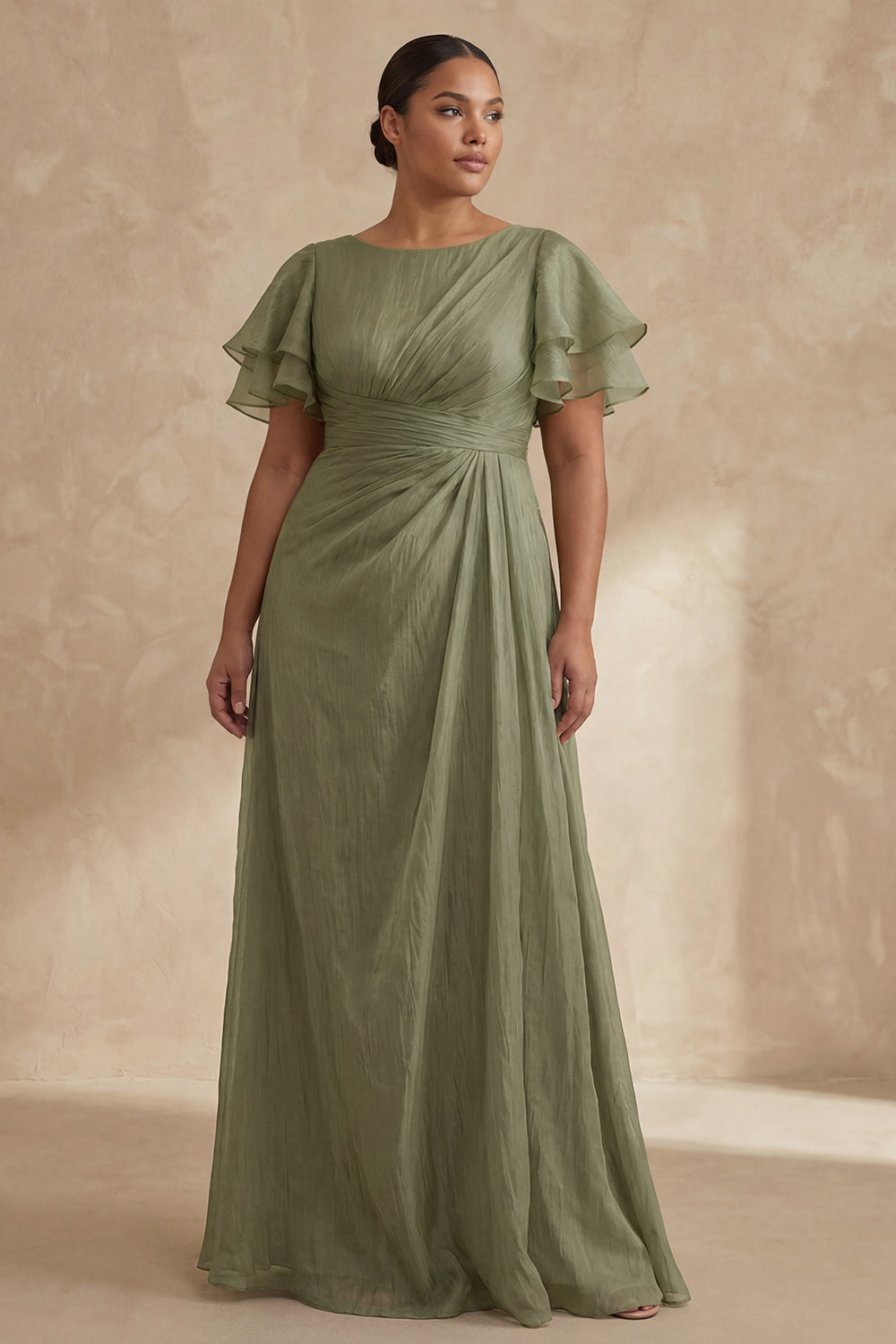 A Line Long Dusty Sage Boat Neck Mother of the Bride Dress with Ruffles