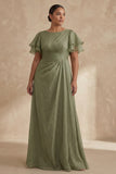 A Line Long Dusty Sage Boat Neck Mother of the Bride Dress with Ruffles